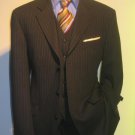 Men'S 3 Piece Black Pinstripe Vested Italian Fabric Wool Feel Extra Fine Poly~Rayon 3 Button