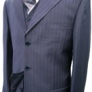 Blue Stripe 3 Piece Suit 3 Button Jacket Side Vents Vest Pleated Pant