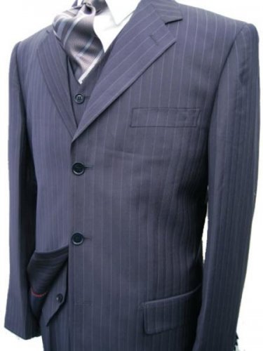 Blue Stripe 3 Piece Suit 3 Button Jacket Side Vents Vest Pleated Pant
