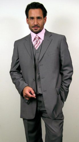 3 Button Gray~Grey Suit Vested Suit 3 Piece Suit In Super 110'S Wool~Feel "Poly~Ray
