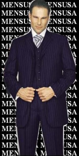 Amazing Qality Navy Blue Pinstripe 3 Button Super 140'S Worsted Vergin Wool 3Piece Veste