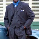 Sophisticated 3 Piece Available In 3 Button Style Jacket High Vested Navy Blue Stripe Mens Suit