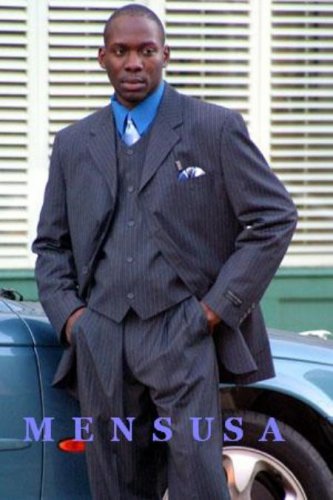 Sophisticated 3 Piece Available In 3 Button Style Jacket High Vested Navy Blue Stripe Mens Suit
