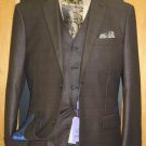 Two Button Three Piece Olive Sharkskin Wool Blend Flat Front Suit