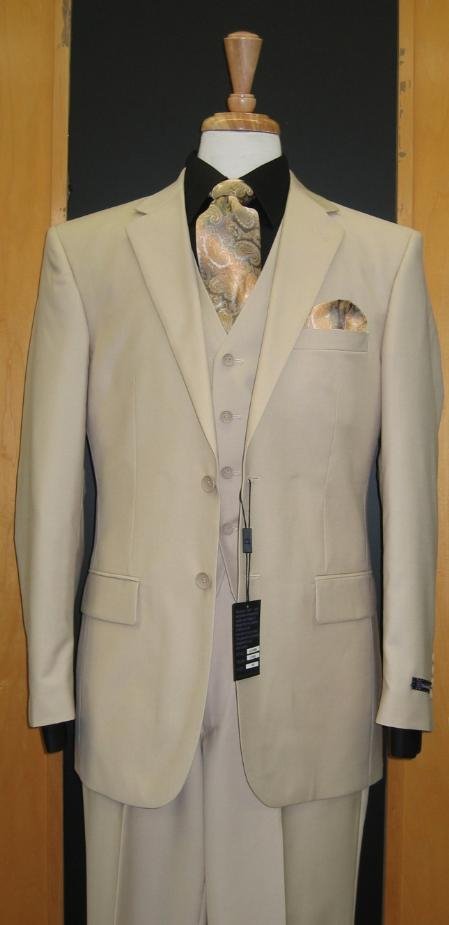 Two Button Three Piece Sand Color Flat Front Suit