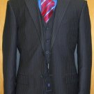 Two Button Three Piece Navy Pinstripe Flat Front Suit