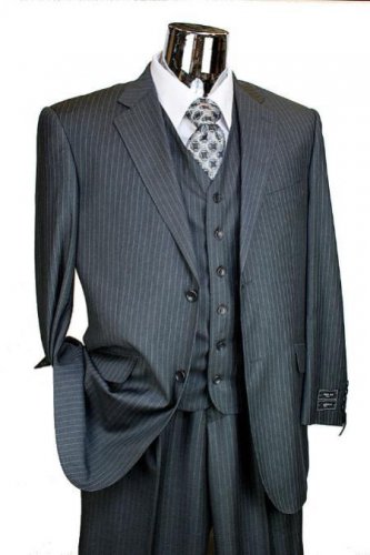 Mens Charcoal Pinstripe 3 Piece 2 Button Single Pleated Pants  Suit