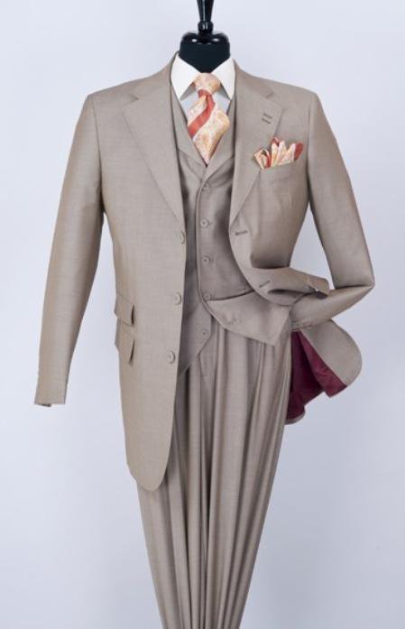 Men'S 3 Piece Fashion Tan Suit - Notch Lapel