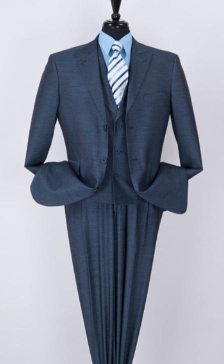 Men'S 3 Piece Fashion Blue Suit - Peak Lapel