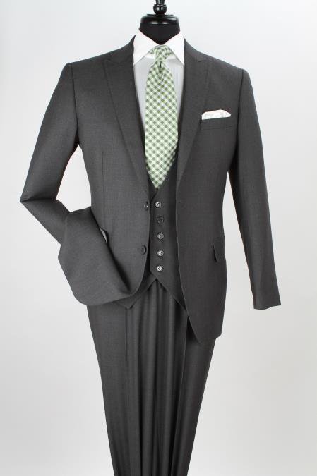 Men'S 3 Piece 100% Wool Executive Suit - High Fashion Vest Charcoal