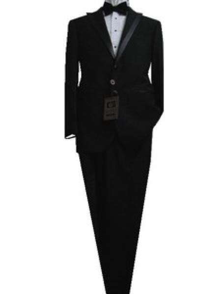 Fitted Tailored Slim Cut 2 Button Solid Black Modern Lapel Men'S Tuxedo