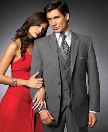 2 Btn Suit/Colored Tuxedo Satin Trim Outlines A Notch Lapel Matching Trousers Charcoal