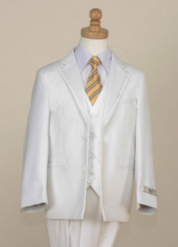 Boy'S 5 Piece Tuxedo - Modern Look With Checkered Trim (White)