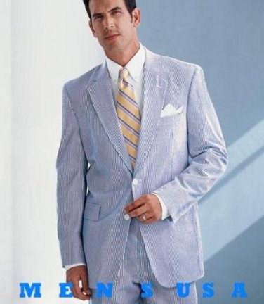 Causal White & Sky Blue Pinstripe Seersucker Summer Suits 2 Button Cotton Summer Suits Cool