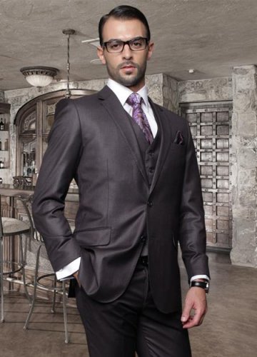 2Button Heather Charcoal Suit and A Vest Super 150'S Italian Wool Pick Stitched Lapel Slanted Pocket
