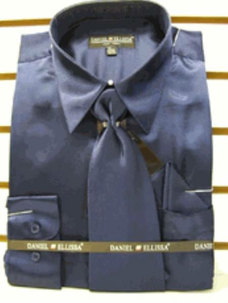 Men'S New Navy Satin Dress Shirt Tie Combo Shirts