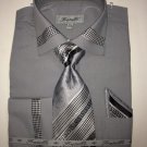 Men'S French Cuff Dress Shirt, Tie, Hanky And Cuff Links - Houndstooth Patched Grey