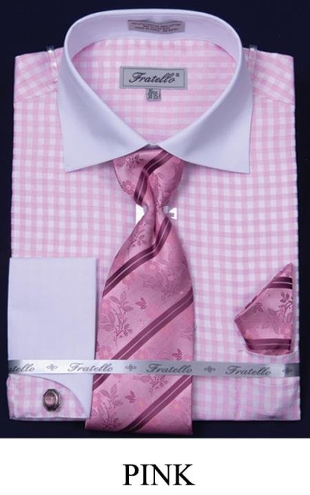 Men'S French Cuff Dress Shirt Set - Small Checker Pink