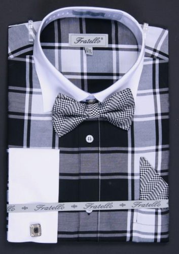 Men'S French Cuff Black Checker Dress Shirt Set