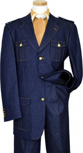 Blue Denim Iridescent Suit With Cognac Hand-Pick Stitching And Shoulder Epaulettes 100% C