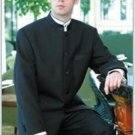 Mens Mandarin Banded Collar Solid Black 5 Button Dress Formal Suit