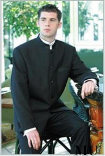 Mens Mandarin Banded Collar Solid Black 5 Button Dress Formal Suit