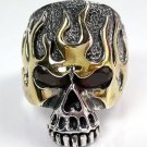 SKULL 14K YELLOW GOLD FLAME STERLING SILVER BIKER RING