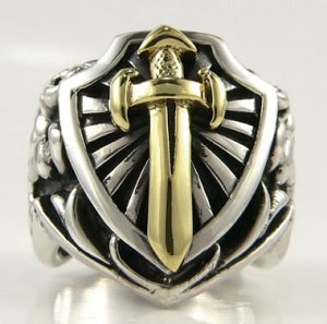 14K YELLOW GOLD SWORD STERLING SILVER RING Sz 10.5 NEW