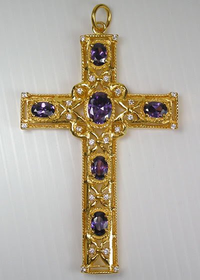 AMETHYST YELLOW GOLD BISHOP CROSS PECTORAL PENDANT NEW