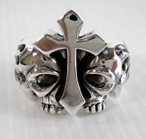 FLAME SKULL CROSS STERLING SILVER GOTHIC RING