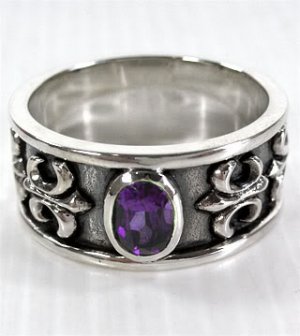 AMETHYST FLEUR DE LIS STERLING SILVER MENS RING Sz 8
