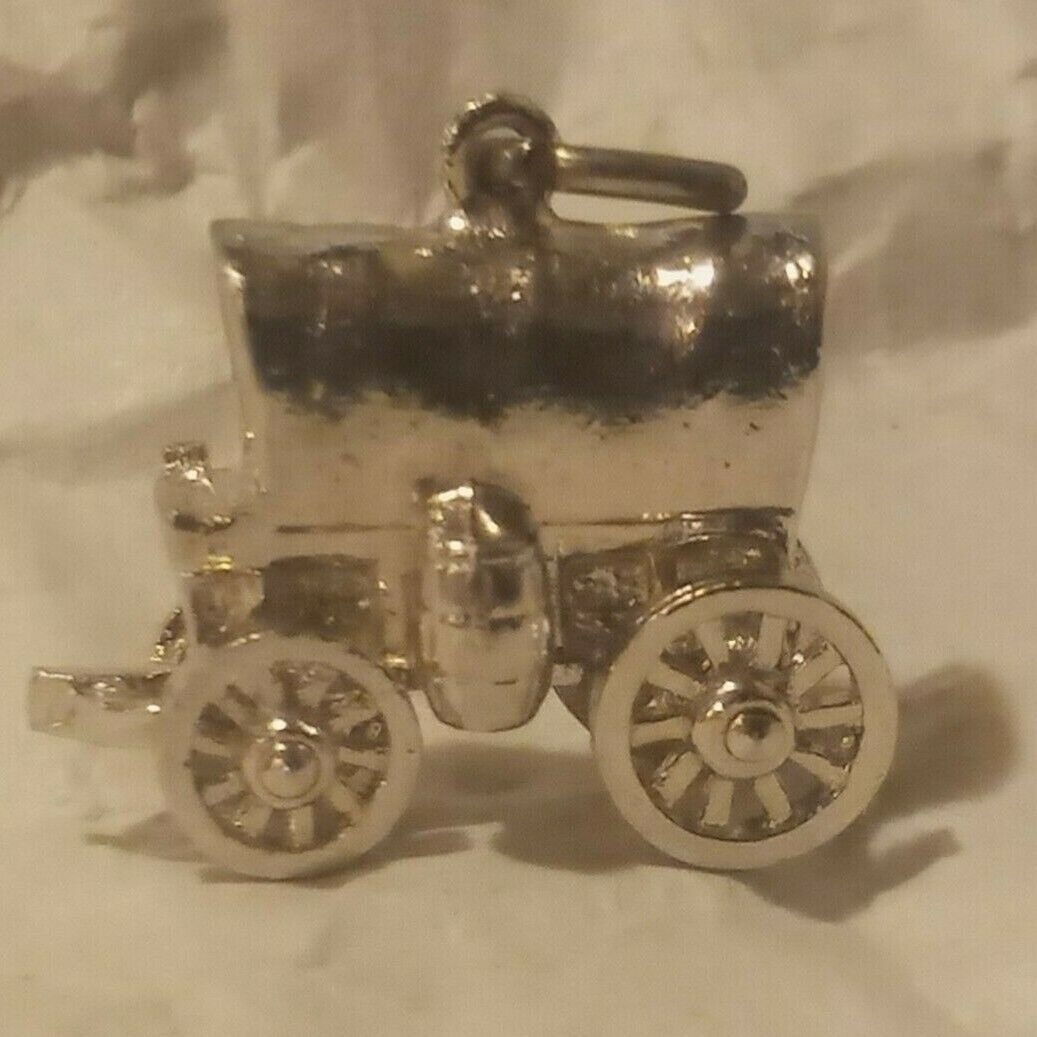 Vtg Wells Sterling Old Western Style Covered Wagon Charm Wheels Move Silver 925