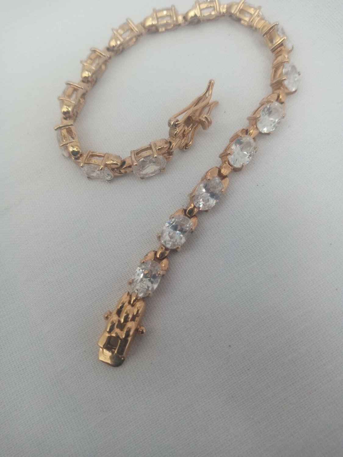 925 Sterling Silver Vermeil Clear Stone CZ? Topaz? Tennis Bracelet Vintage