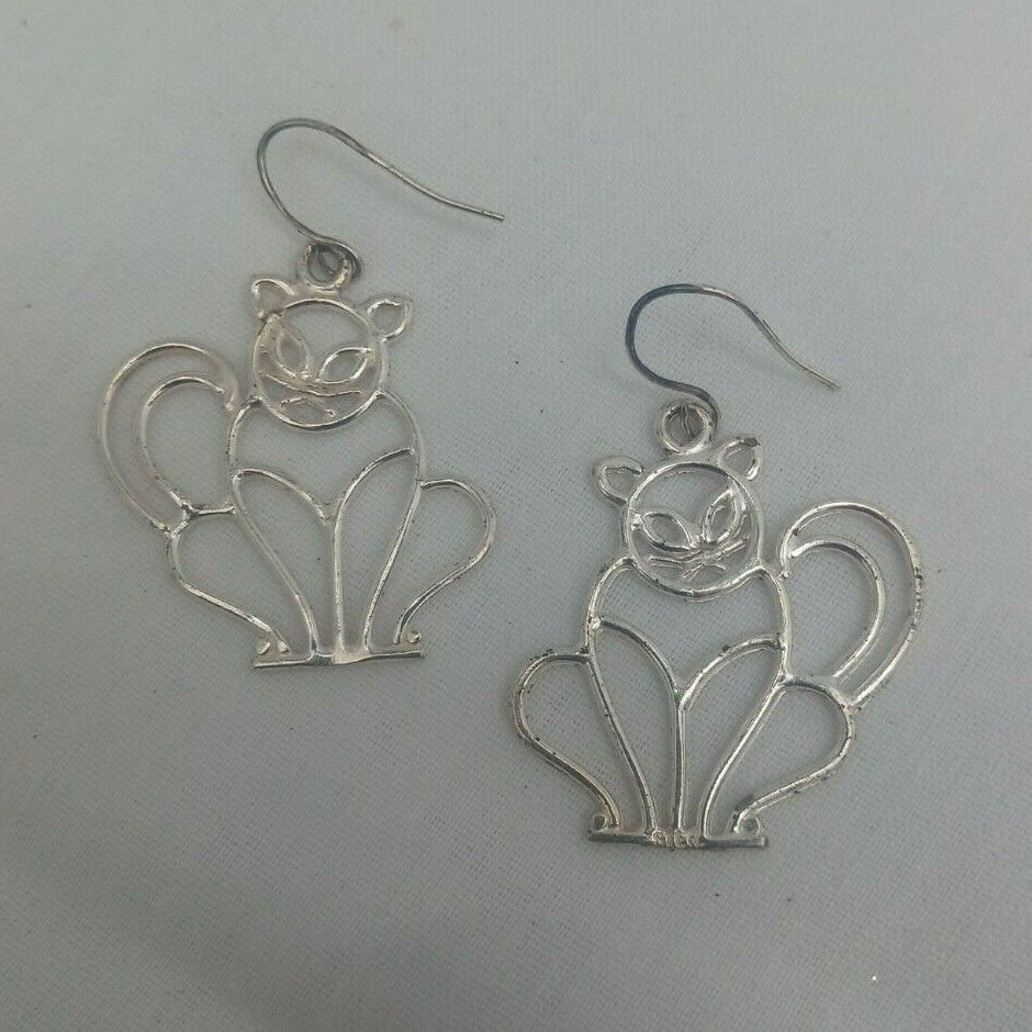 Cat Kitten Fancy Elegant Wire Sterling Silver 925 Pierced Dangle Vtg Earrings