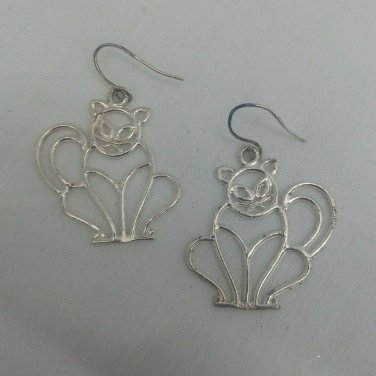 Cat Kitten Fancy Elegant Wire Sterling Silver 925 Pierced Dangle Vtg Earrings