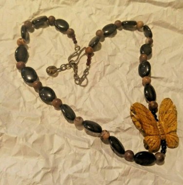 OOAK Jasper Carved Butterfly Stone Necklace 925 Sterling Silver Clasp Handmade