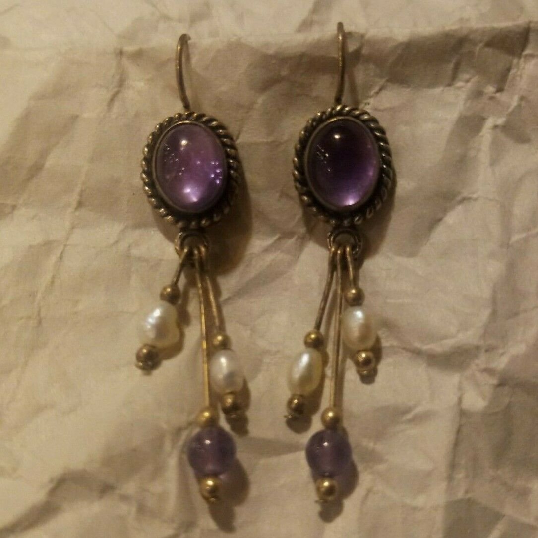 Vintage Sterling 925 Southwestern Dangle Earrings Pearls Purple Stone Signed OT