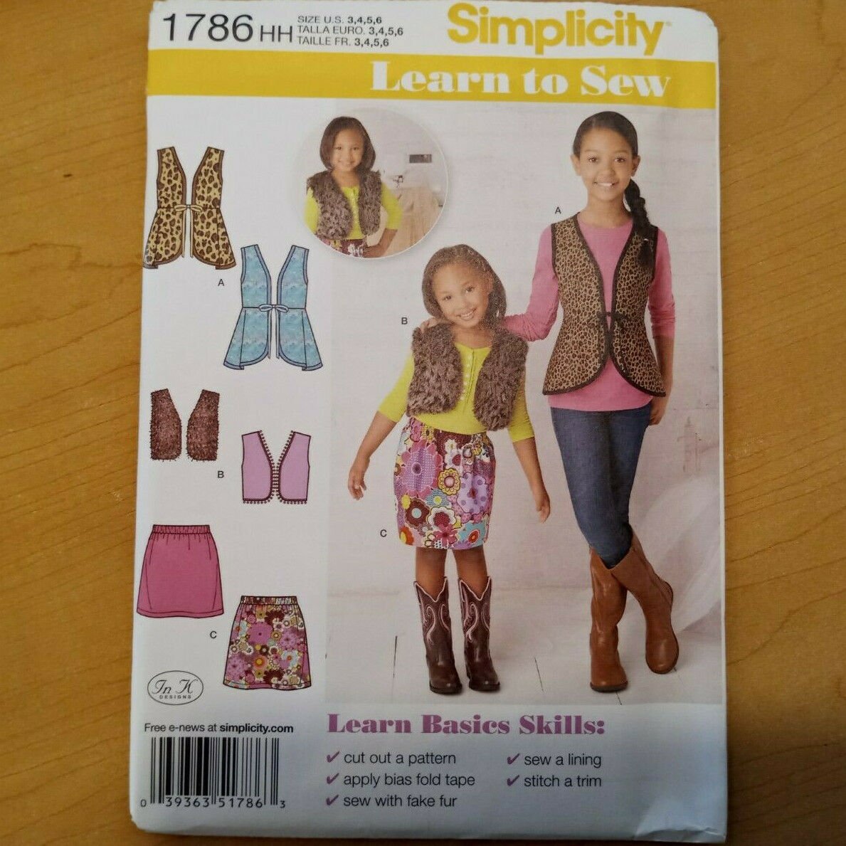 Simplicity 1786 Girls Vest Childs Skirt Sz 3 4 5 6 Learn-to-Sew Pattern Uncut