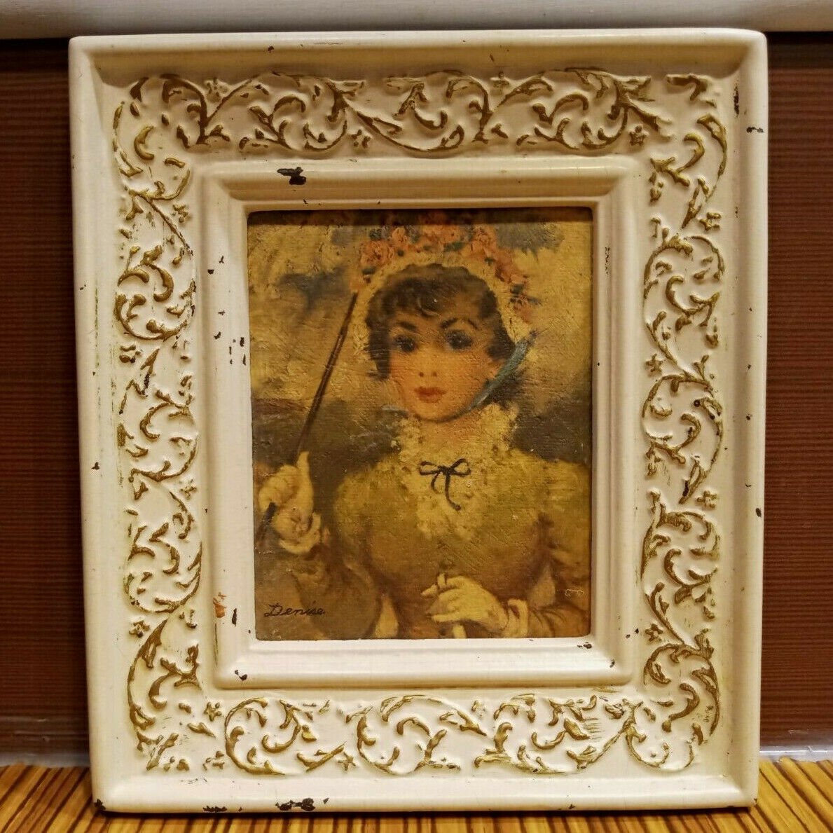 Florence Kroger Victorian Lady in Yellow Umbrella Original Frame pen Denise Vtg