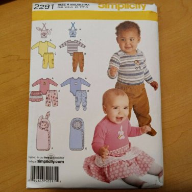 Simplicity Sew Pattern 2291 BABY PANTS BIBS BODYSUIT BUNTING Sz NB 3m 6m 12m 18m