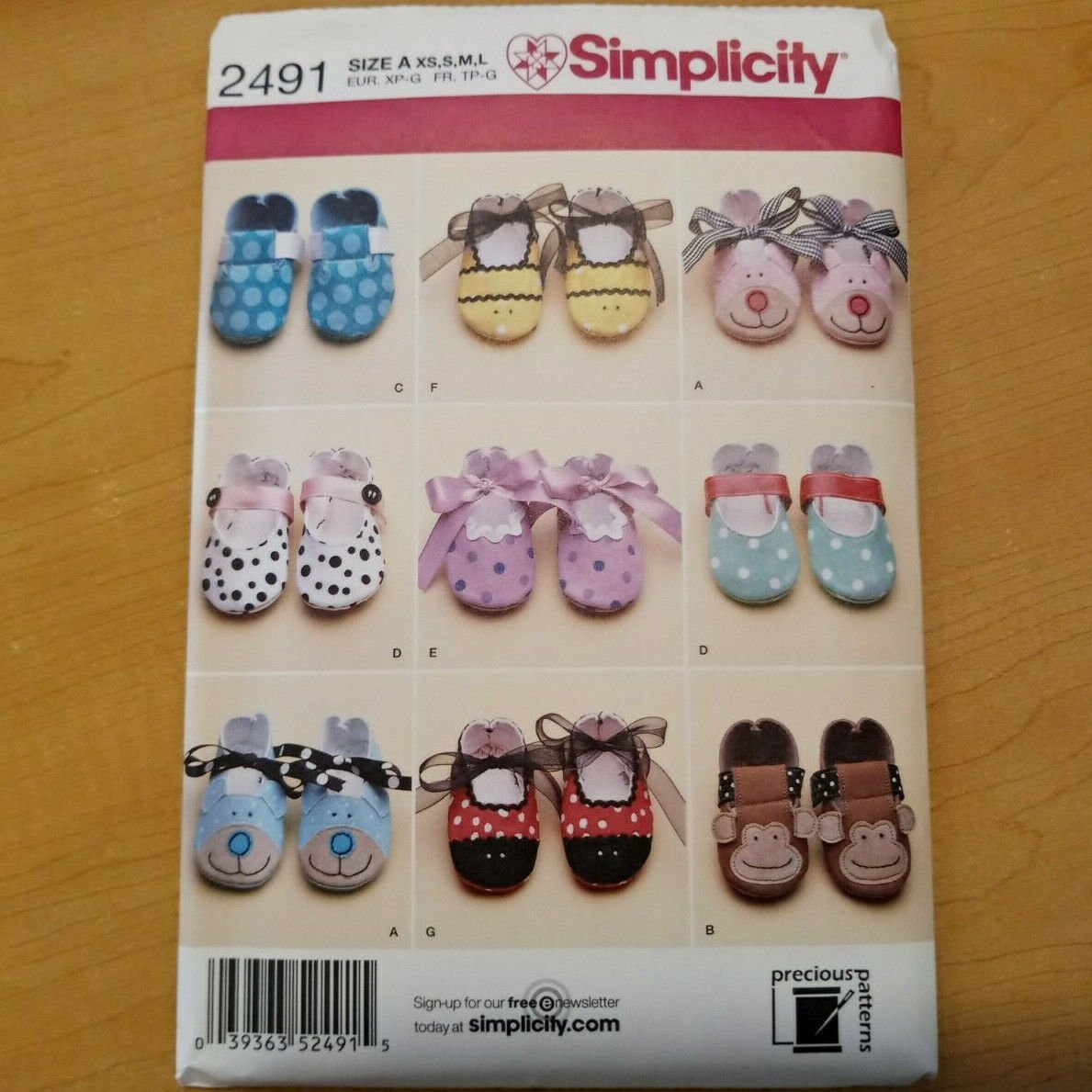 Sewing Pattern Simplicity 2491 Baby Shoes Sizes XS-S-M-L Booties Monkey Bee Bear