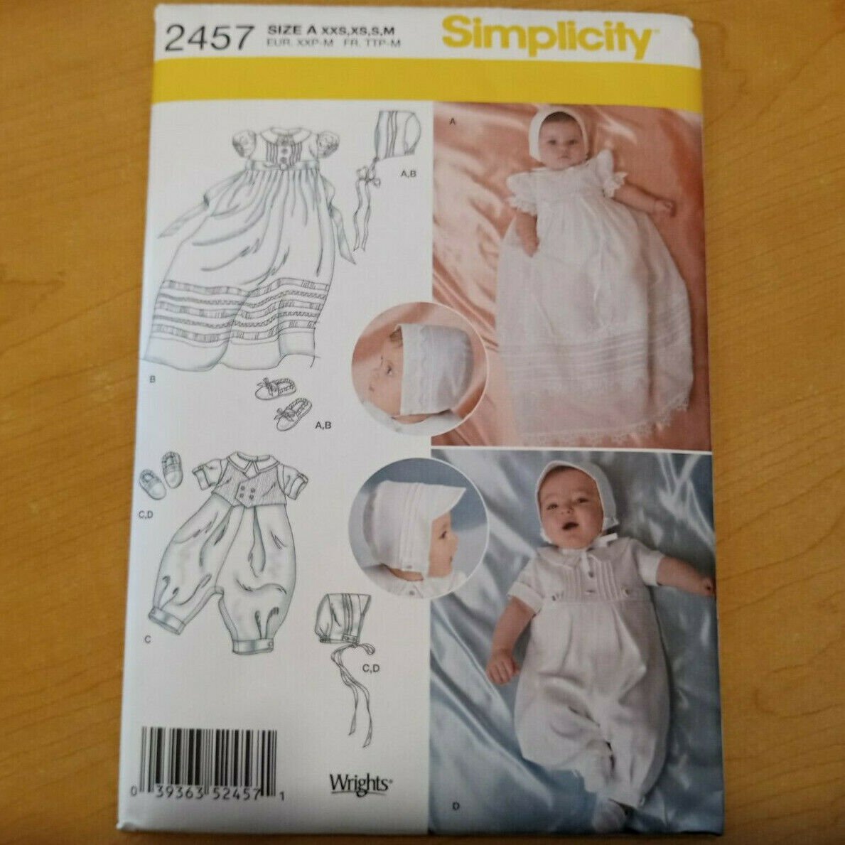 Simplicity 2457 Baby Boy Girl Christening Baptism Sets NB-12M Dress Bonnet Shoes