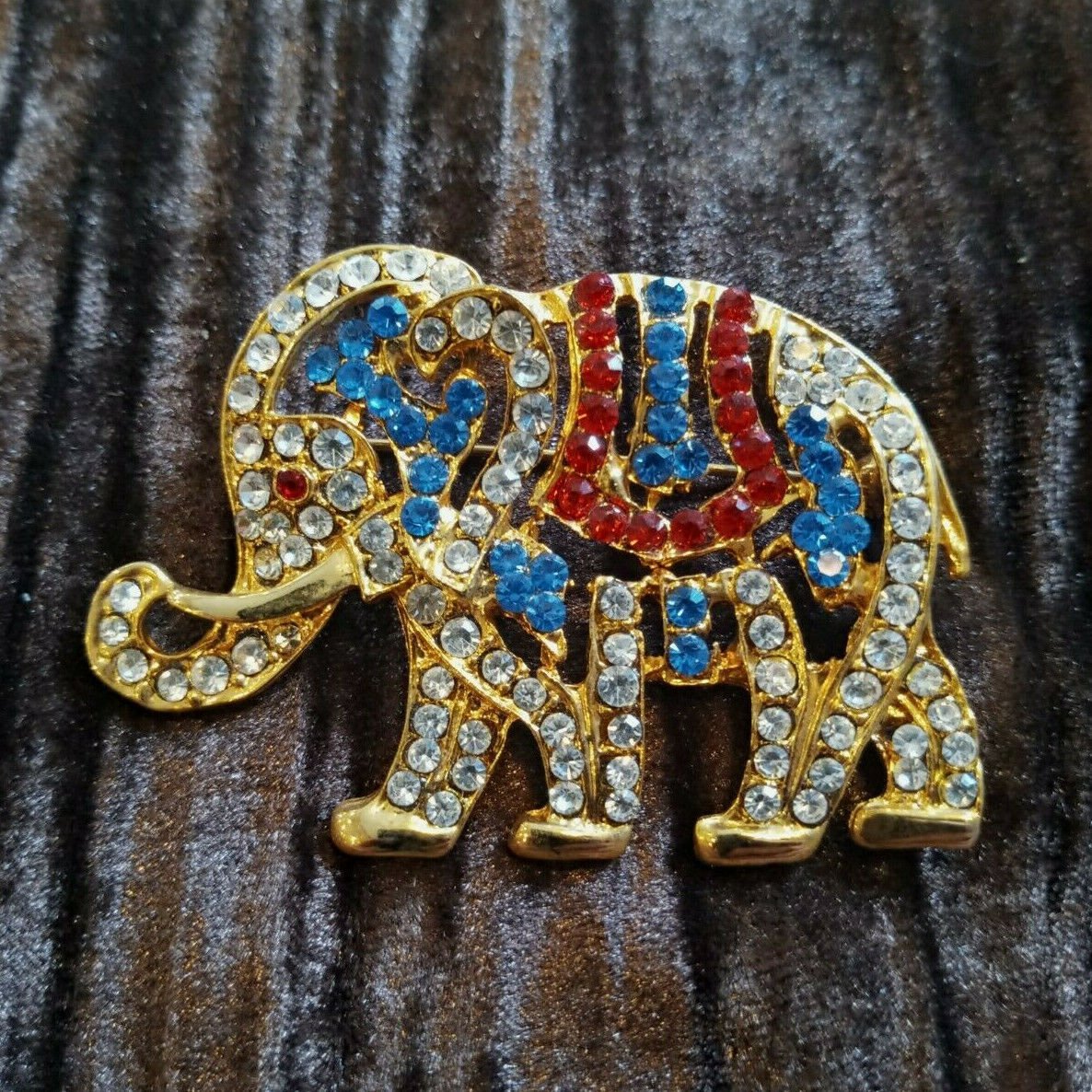Rhinestones Brooch Pin Republican Elephant Red White & Blue Gold Tone Vintage