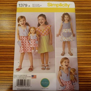 Simplicity Pattern 1379 Girls Summer Dress  18" Doll Twin Size 3-8 Modkid Studio