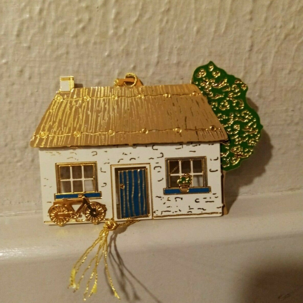 Vintage Christmas Ornament Brass Village House Painted Signed Emmet Bicycle 3D