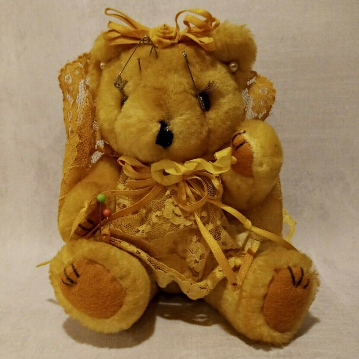 VINTAGE Teddy Bear Sewing Pin Cushion 6â Cute Creepy Halloween Voodoo Doll Scary