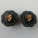 Antique Cannetille Earrings Clip-on Glass Intaglio Roman Soldiers 950 Silver