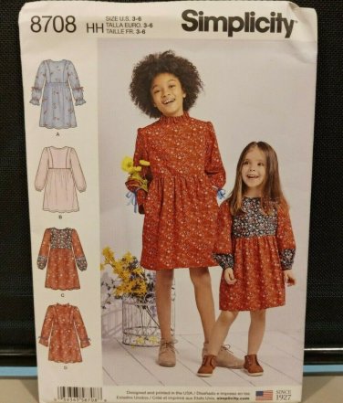 Simplicity 8708 Cottage core Dress w Raised Ruffle Neck, Sleeve Options Sz 3-6