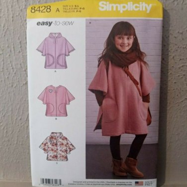 Simplicity Sewing Pattern 8428 Girls Poncho Jacket Hoodie Size S-L 3-8 New Uncut