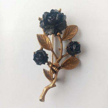Elegant Vintage Gold Tone Black Rose &  Pollinating Bee Brooch Pin Large 3 1/2"